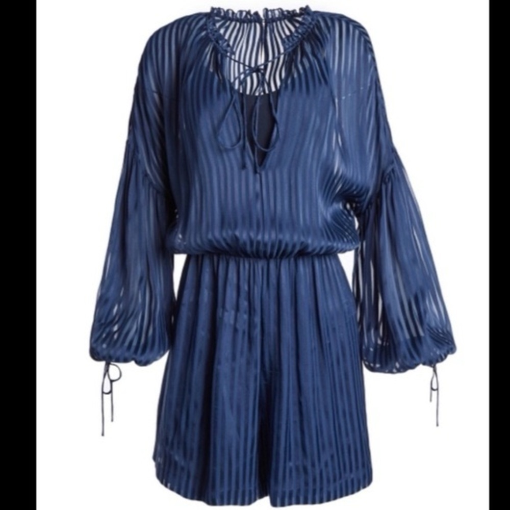 ALICE + OLIVIA Mini Sheer Striped Navy Sapphire SILK Romper Sz 10 Balloon Sleeve